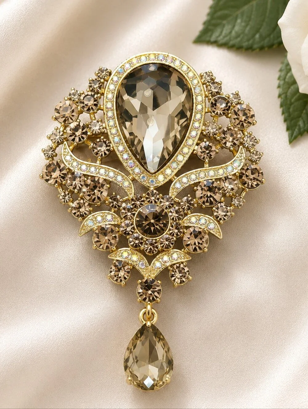 Vintage Champagne Crystal Statement Brooch Pin